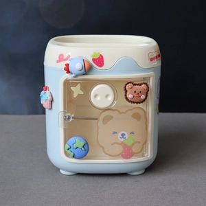 Porta-canetas kawaii, caixa organizadora de mesa em plástico com formato de mini geladeira, grande capacidade 2
