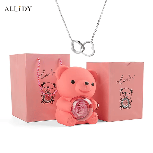 Joyero giratorio de Oso con rosas eternas y collar de corazón 17