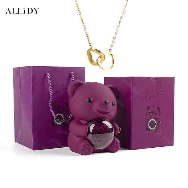 Joyero giratorio de Oso con rosas eternas y collar de corazón - Morado