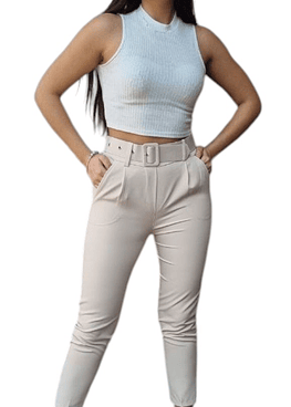 Pantalón con Cinturón Tiro Alto - Beige