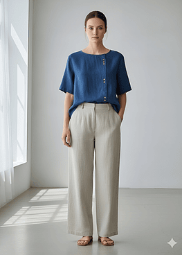 Blusa Lino 3 Botones - Azul