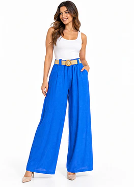 Pantalón Lino con Cinturón - Azulino