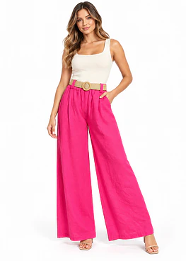 Pantalón Lino con Cinturón - Fucsia