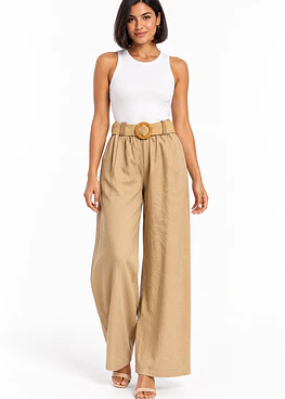 Pantalón Lino con Cinturón - Camel