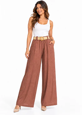 Pantalón Lino con Cinturón - Marron