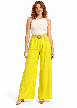 Pantalón Lino con Cinturón - Mostaza