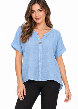 Blusa Lino 1 Boton - Celeste