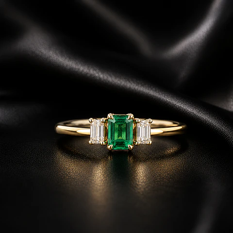 Anillo en oro con diamantes y esmeralda