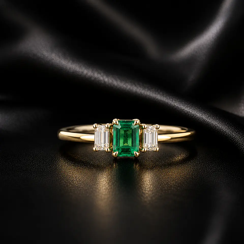 Anillo en oro con diamantes y esmeralda 1