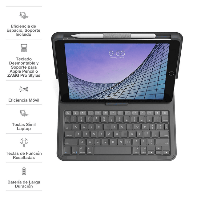Combo Teclado Messenger folio 2 con funda para iPad 10.2", iPad 10.5'' y iPad Air + lámina + Lapiz óptico Zagg Stylus