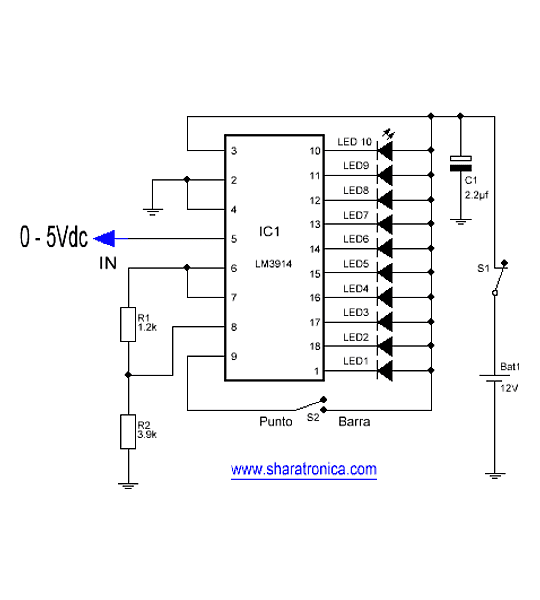 LM3914  Medidor de voltaje análogo y driver de Leds Utilizado para Vumetros