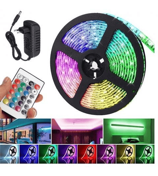 CINTA LUCES LED RGB 5MTS CON CONTROL Y FUENTE (adaptador)