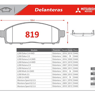 Pastillas Freno Delanteras Mitsubishi New L200 2.4 Nibk