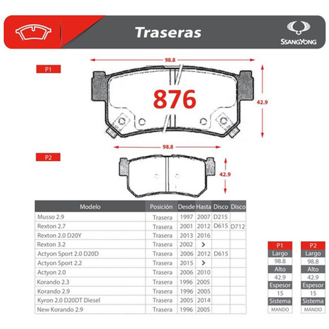 Pastillas De Frenos Traseras Ssangyong Rexton 2002-2017 3