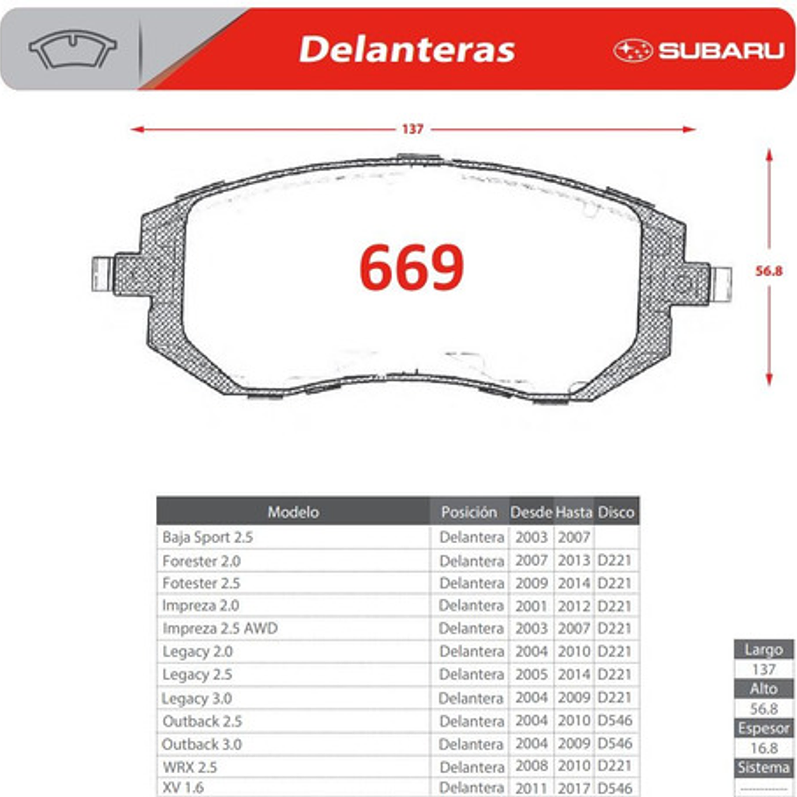 Pastillas De Frenos Delanteras Subaru Forester 2003-2013 2