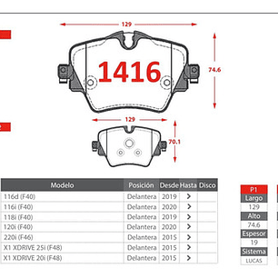 Pastillas De Frenos Delanteras Bmw X1 Drive 2014-2019