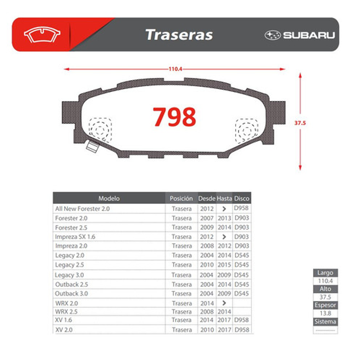 Pastillas Frenos Traseras Gtx Subaru Outback 2003-2014 2
