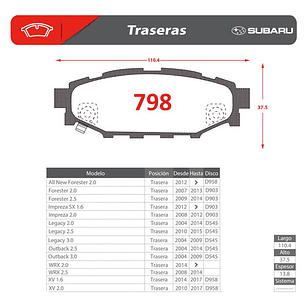 Pastillas Frenos Traseras Cerámica Subaru Forester 2003-2013