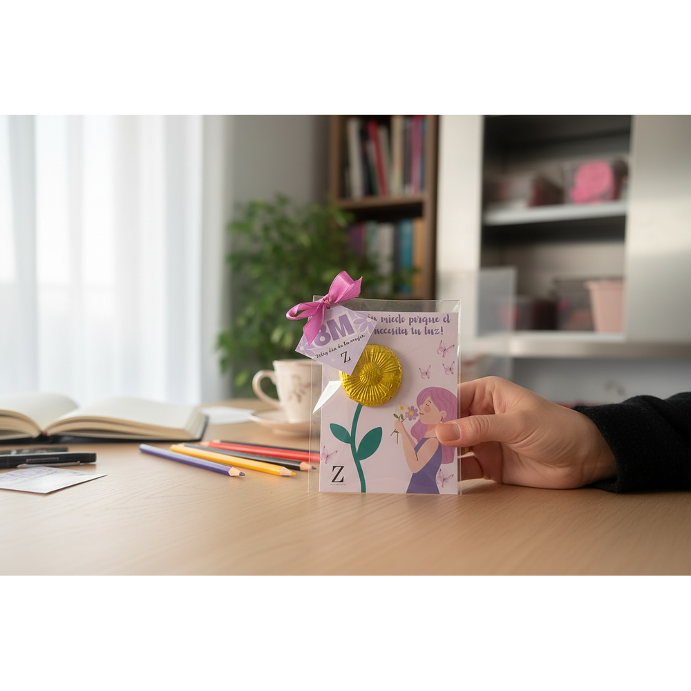 Tarjeta día de la mujer con flor de chocolate
