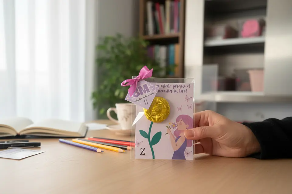 Tarjeta día de la mujer con flor de chocolate 3