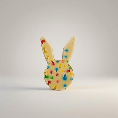 Alfajor conejo de chocolate blanco, oreo manjar y chubis. 