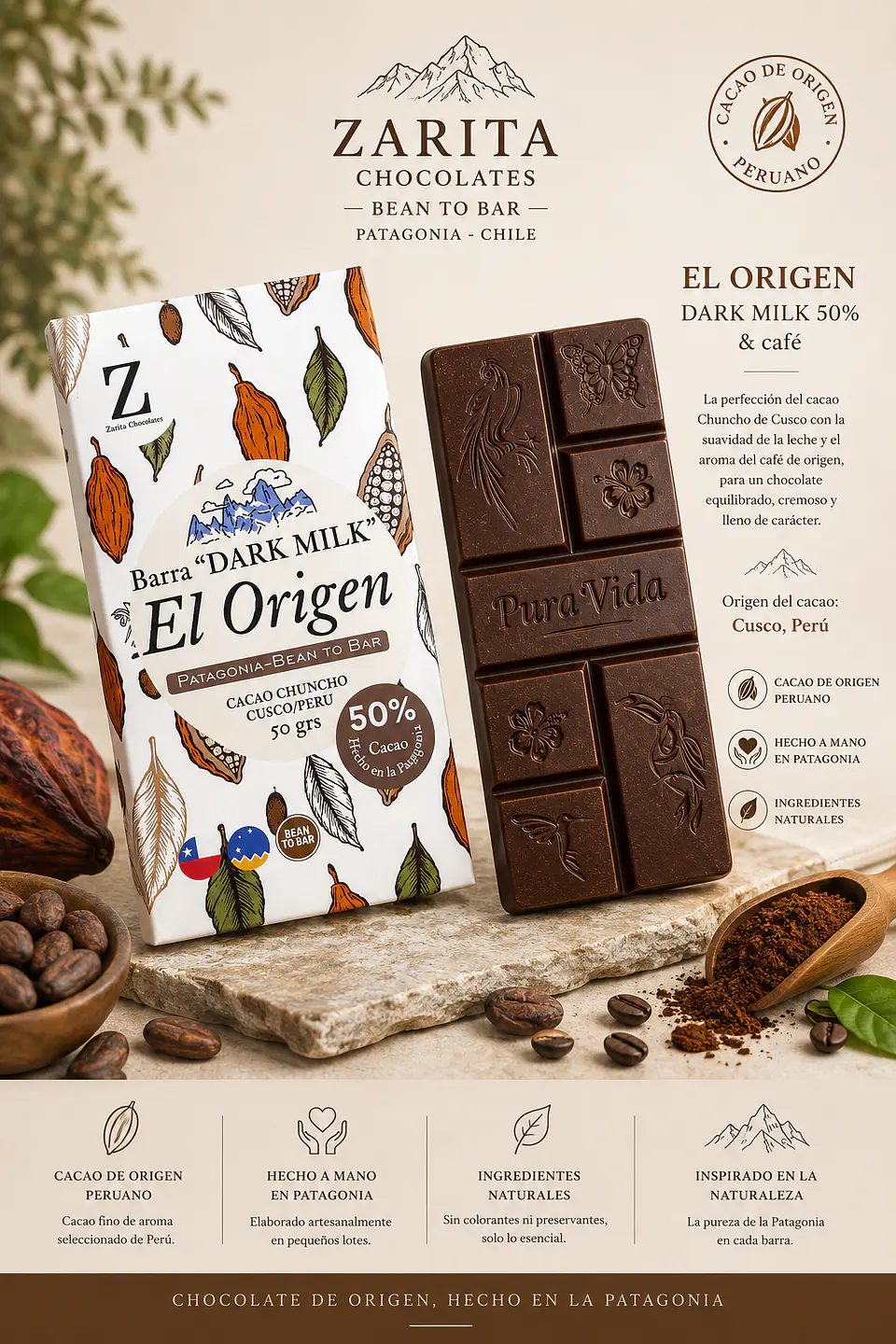 Barra “El origen”- de leche 50% cacao BEAN TO BAR  1
