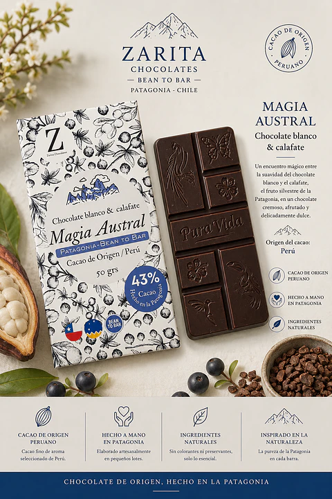 Barra MAGIA AUSTRAL - chocolate blanco infusionado con calafate Patagónico