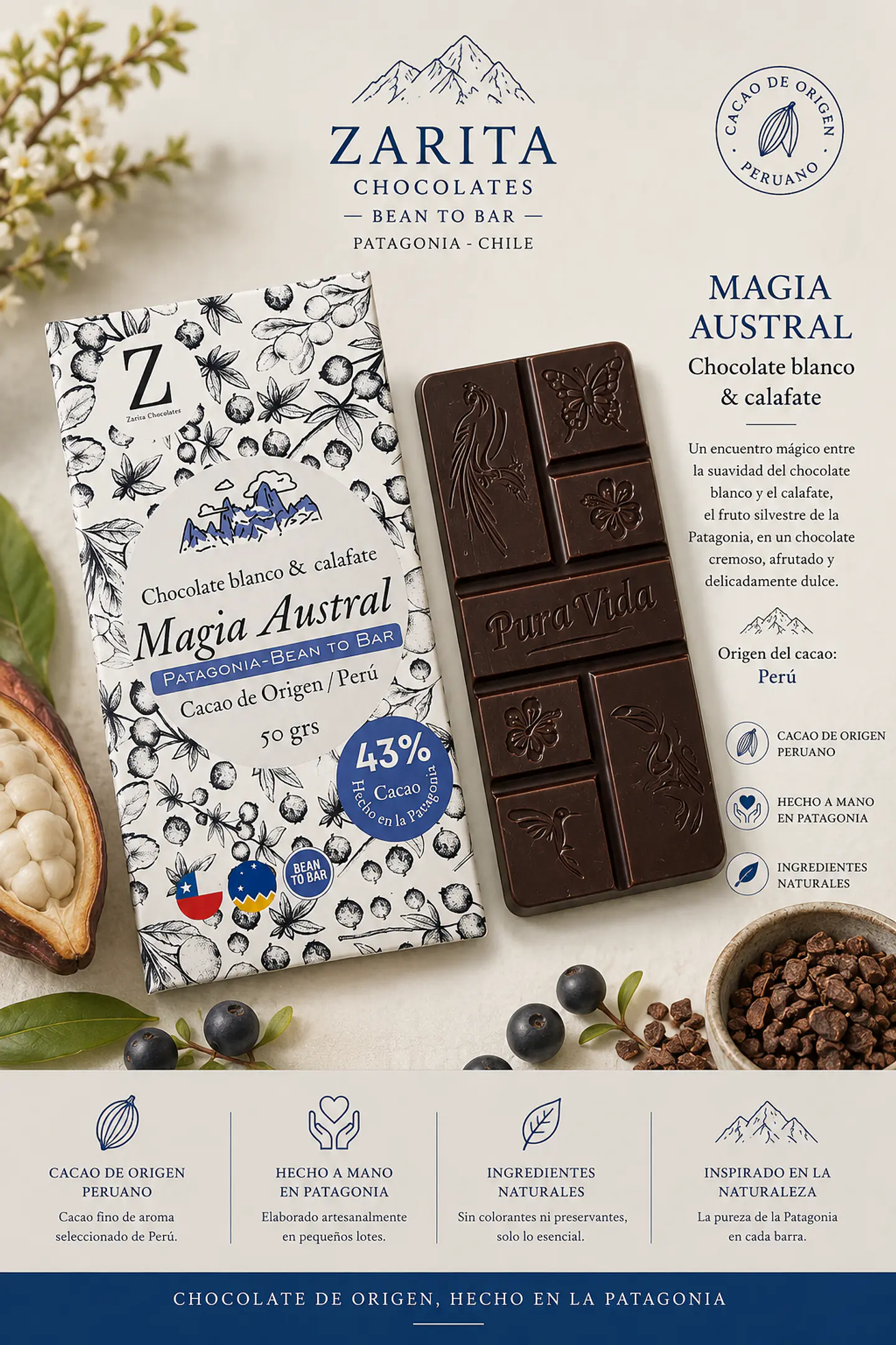 Barra MAGIA AUSTRAL - chocolate blanco infusionado con calafate Patagónico 1
