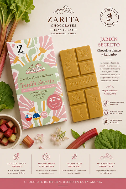 JARDÍN SECRETO - BEAN TO BAR - Chocolate blanco con ruibarbo