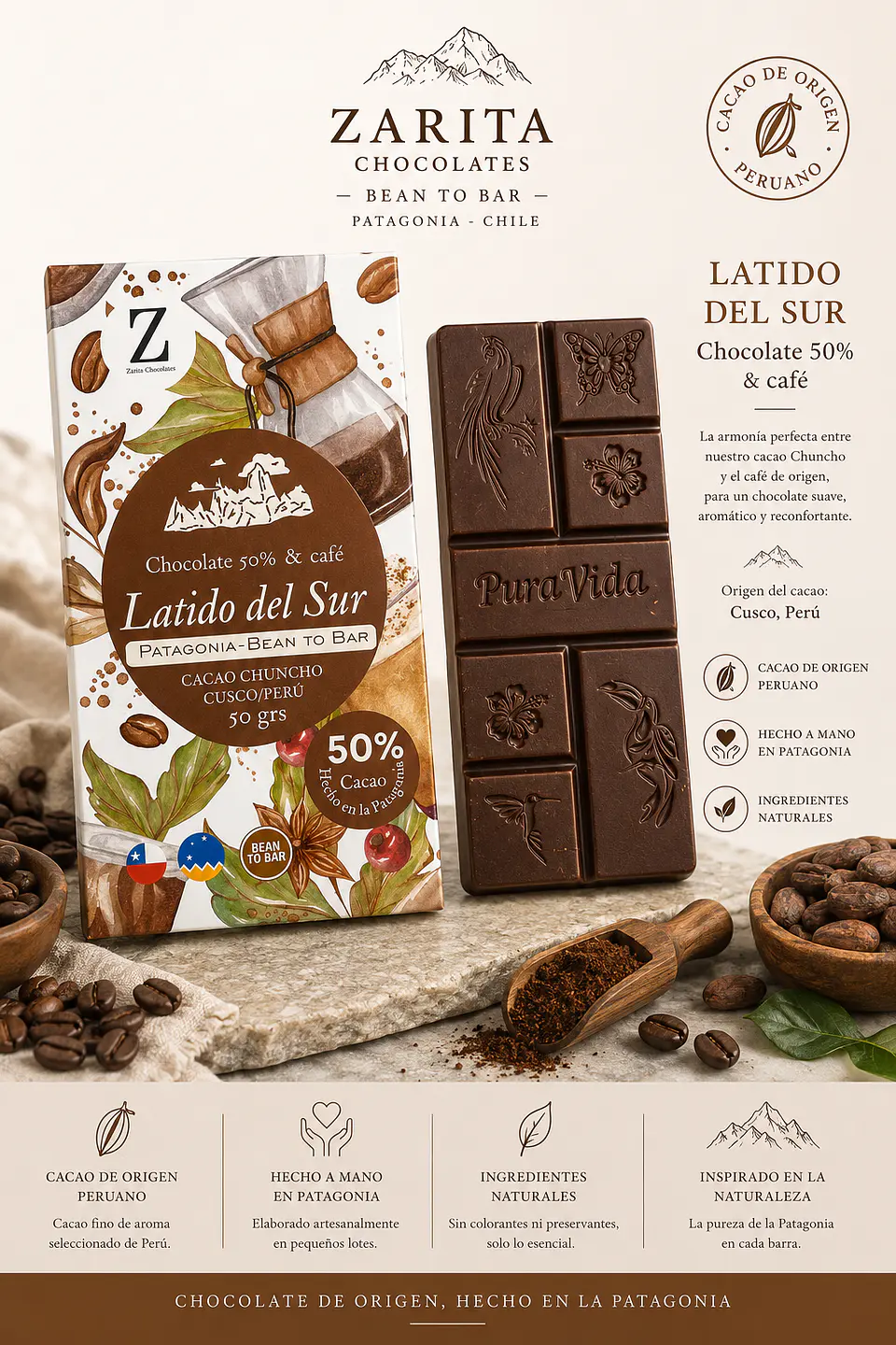 LATIDO DEL SUR - BEAN TO BAR - 50% cacao con Café de especialidad  1
