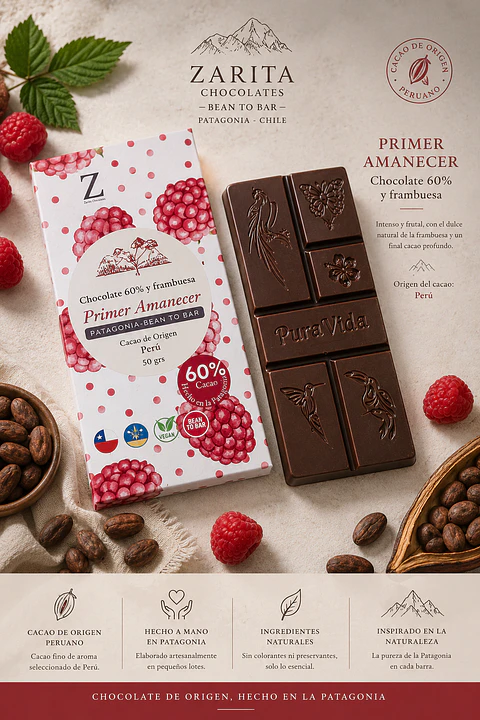 PRIMER AMANECER - BEAN TO BAR - 60% cacao y frambuesa 
