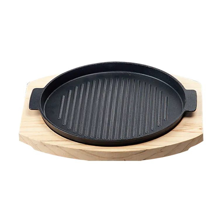 Plato de Hierro Fundido Redondo Grillado 24 cm con Base de Madera 1