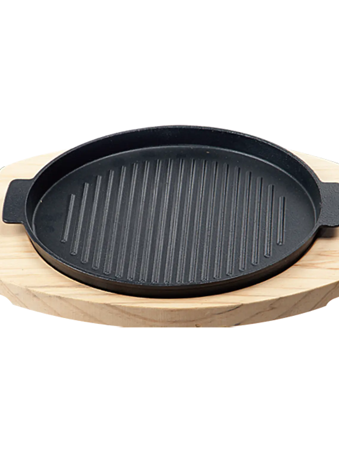 Plato de Hierro Fundido Redondo Grillado 24 cm con Base de Madera 1