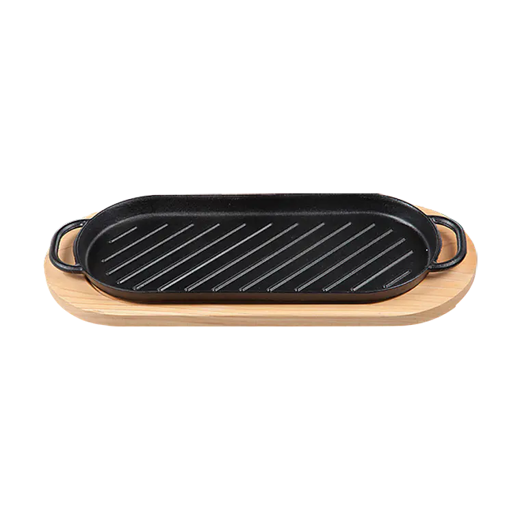 Plato de Hierro Fundido Rectangular Grill 37x16 cm con Tabla de Madera  1