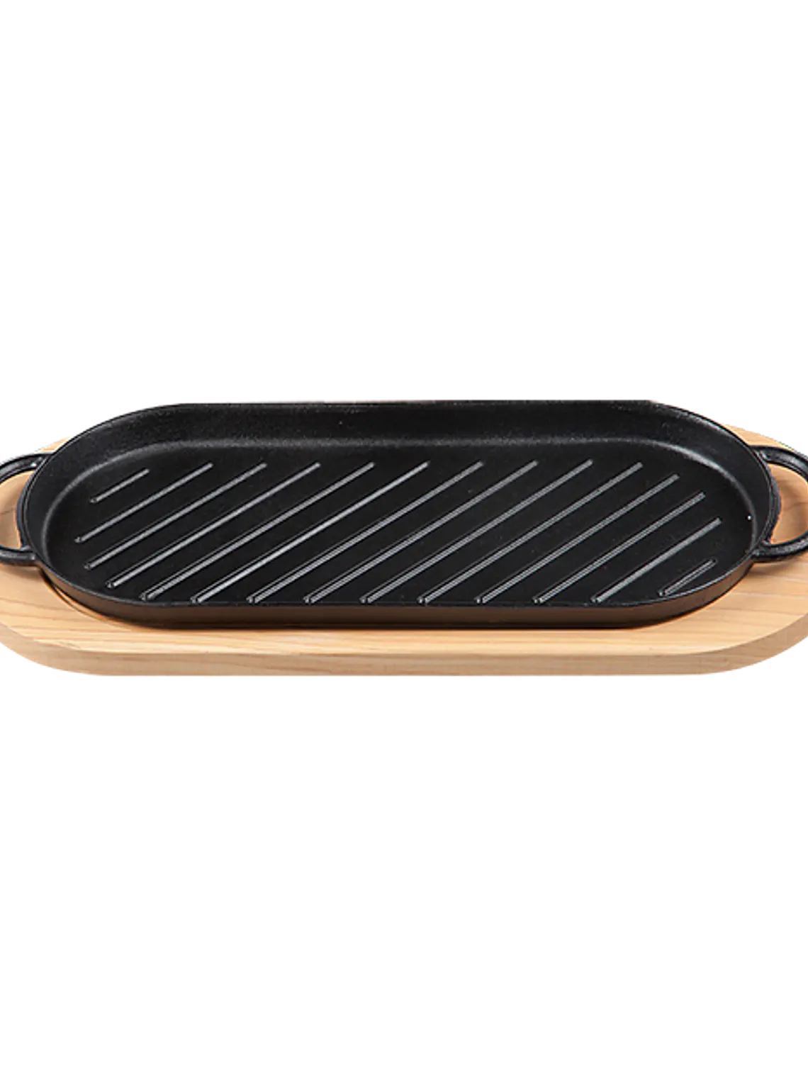 Plato de Hierro Fundido Rectangular Grill 37x16 cm con Tabla de Madera  1
