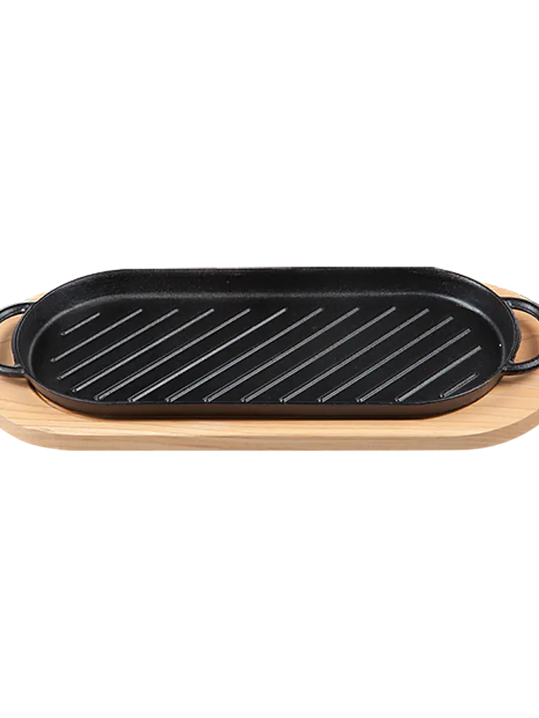 Plato de Hierro Fundido Rectangular Grill 37x16 cm con Tabla de Madera  1
