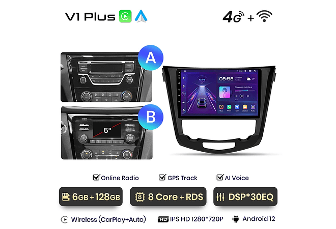 RD001 Android Nissan qashqai 2 x-trail 3 t32 2013-2017 1GB a 8GB RAM e 16GB a 128GB ROM com ou sem Carplay