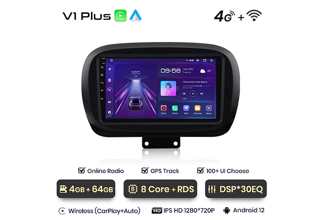 RD002 Android Fiat 500X 2014-2020 1GB a 8GB RAM e 16GB a 128GB ROM com ou sem Carplay