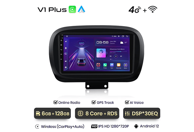 RD002 Android Fiat 500X 2014-2020 1GB a 8GB RAM e 16GB a 128GB ROM com ou sem Carplay