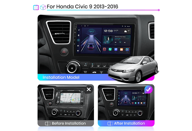 RD005 Android Honda civic 9 2013-2016 1GB a 8GB RAM e 16GB a 128GB ROM com ou sem Carplay