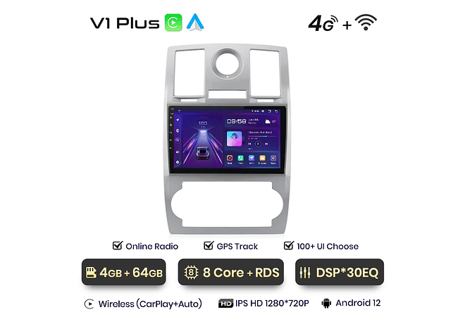 RD007 Android Chrysler 300C Aspen 2004-2008 1GB a 8GB RAM e 16GB a 128GB ROM com ou sem Carplay