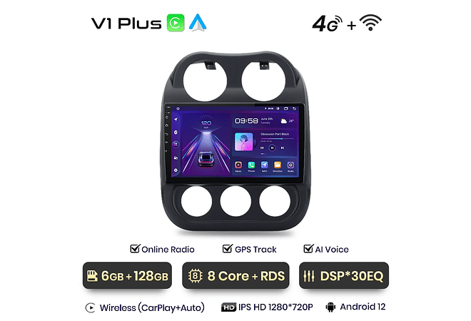 RD009 Android Jeep compass patriot 2010-2016 1GB a 8GB RAM e 16GB a 128GB ROM com ou sem Carplay