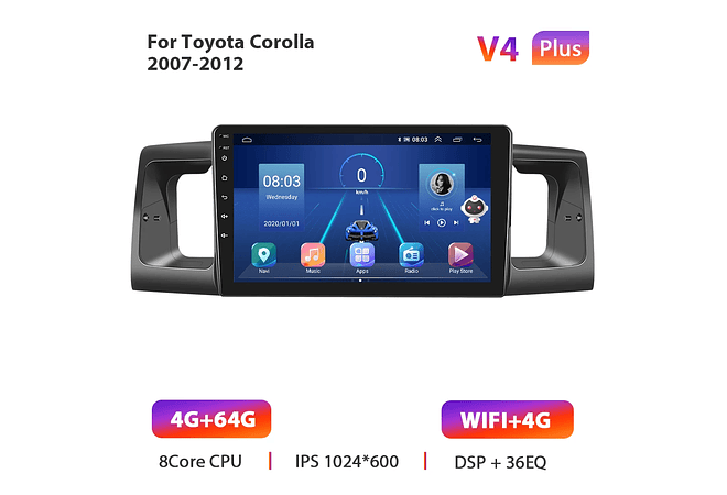 RD012 Android Toyota Corola e130 e120 2007-2012 1GB a 8GB RAM e 16GB a 128GB ROM com ou sem Carplay