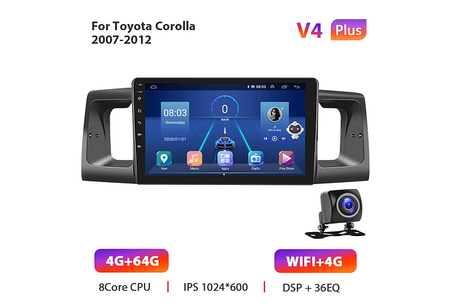 RD012 Android Toyota Corola e130 e120 2007-2012 1GB a 8GB RAM e 16GB a 128GB ROM com ou sem Carplay
