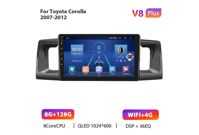 RD012 Android Toyota Corola e130 e120 2007-2012 1GB a 8GB RAM e 16GB a 128GB ROM com ou sem Carplay