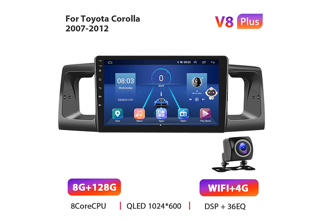 RD012 Android Toyota Corola e130 e120 2007-2012 1GB a 8GB RAM e 16GB a 128GB ROM com ou sem Carplay