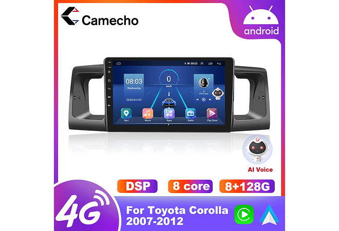 RD012 Android Toyota Corola e130 e120 2007-2012 1GB a 8GB RAM e 16GB a 128GB ROM com ou sem Carplay