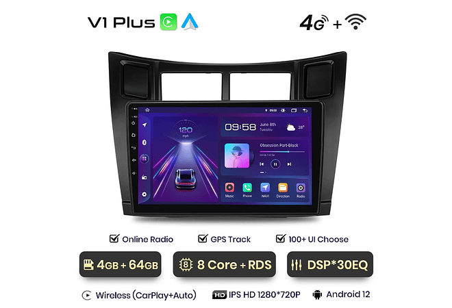 RD021 Android Toyota yaris 2005-2012 1GB a 8GB RAM e 16GB a 128GB ROM com ou sem Carplay