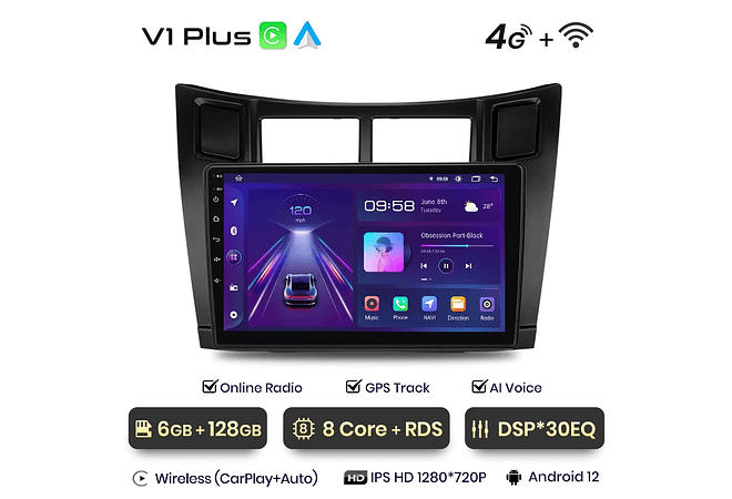 RD021 Android Toyota yaris 2005-2012 1GB a 8GB RAM e 16GB a 128GB ROM com ou sem Carplay