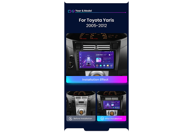 RD021 Android Toyota yaris 2005-2012 1GB a 8GB RAM e 16GB a 128GB ROM com ou sem Carplay